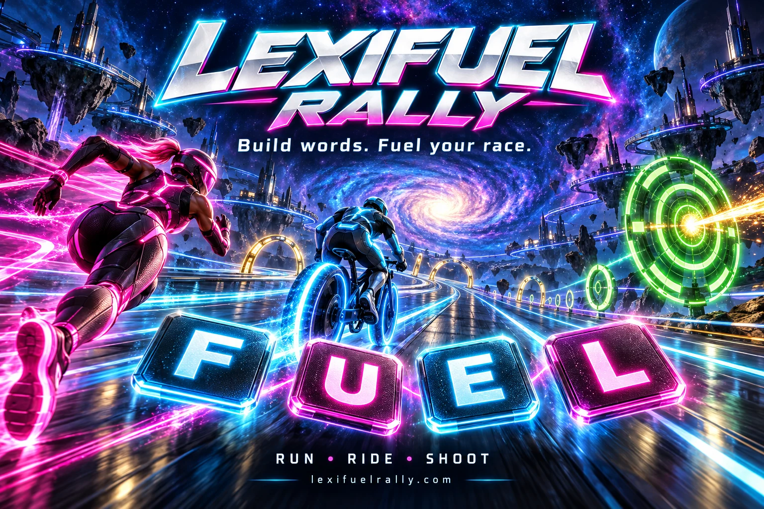 LexiFuel Rally — Build words. Fuel your race. A neon runner, cyclist and target race through space above glowing FUEL letter tiles.